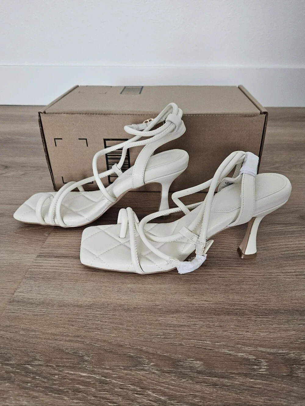 Women’s Strappy Quilted Square-Toe Heels in Cream Size 8.5
